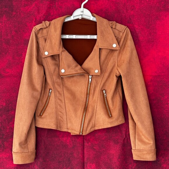 FAUX SUEDE WOMENS BROWN JACKET MOTO ZIPPER, 2 ZIPPER POCKETS SIZE  M - Picture 3 of 10